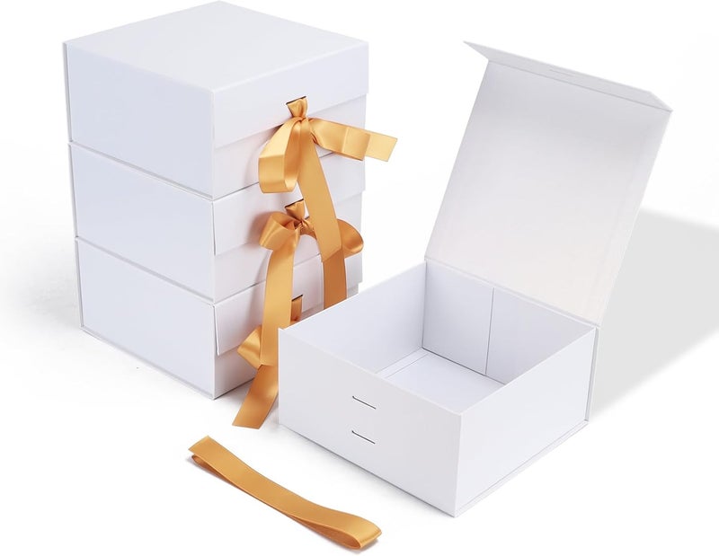 Ditwis 4 Pack 8x8x4 Inches White Gift Boxes with Ribbon, Magnetic Gift Box with Lid for Wedding, Groomsmen Bridesmaid Proposal, Birthdays, Mother's Day - Image 1